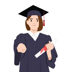 Young graduate in cap and gown holds her diploma while making a fist gesture. Flat vector illustration isolated on white background
