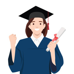 Young woman in graduation attire proudly holds her diploma and raises a fist in celebration. Flat vector illustration isolated on white background
