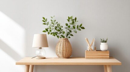 Minimalist Desk Decor with Greenery and Lamp. Home Office Interior Design.