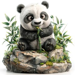 Obraz premium The Adorable Panda Sits on a Rock Eating Bamboo Surrounded By Green Plants And Moss