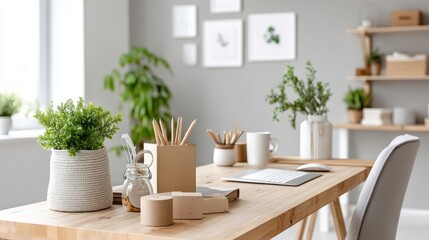 Minimalist Home Office Setup with Plants, Desk, and Neutral Decor for Remote Work