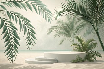 Minimalist Summer Beach Scene Product Podium with Palm Leaves