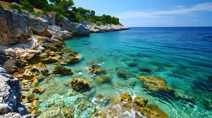 A scenic view of a rocky coastline with crystal clear turquoise water on a sunny day in summer