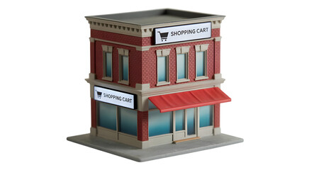 Miniature Brick Building Model with Shopping Cart Sign
