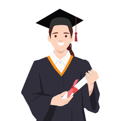 Female graduate in a cap and gown holds her diploma, Academic accomplishment and a bright future. Flat vector illustration isolated on white background