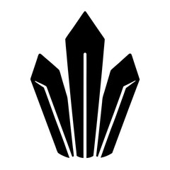 Three crystals standing tall with sharp edges and facets in black silhouette