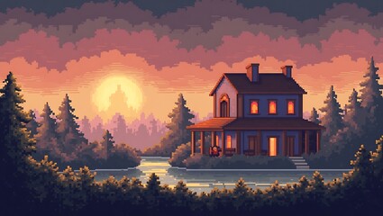 Charming pixel art cottage nestled by a tranquil lake at sunset evoking nostalgia