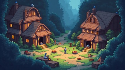 Enchanting pixel art village nestled in a lush forest, radiating tranquility