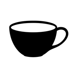 A simple black silhouette drawing of a cup of coffee or tea