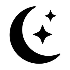 Black and white crescent moon with two sparkling stars illustration