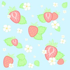 Cute pastel strawberries in red, with green leaves and white flowers, on a blue background