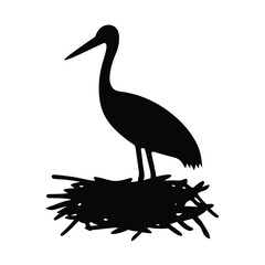 Silhouette of a crane standing in a nest on a white background