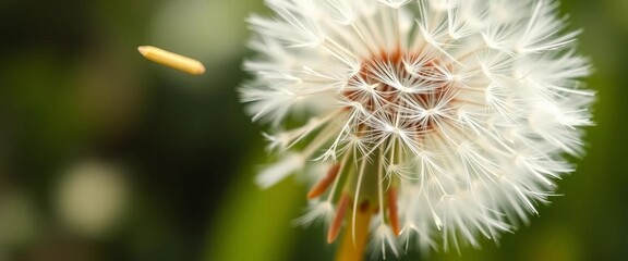 Close-up dandelion seed head, windblown seeds, blurred natural background,  green, close-up