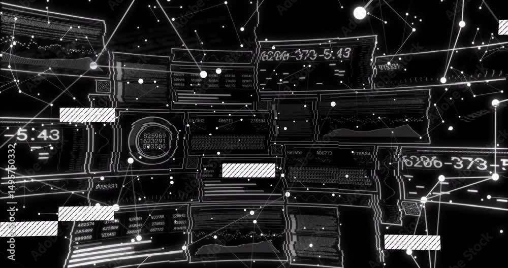 Poster dot network initiating panels and bars sliding into grid rotating and cycling codes updating fading