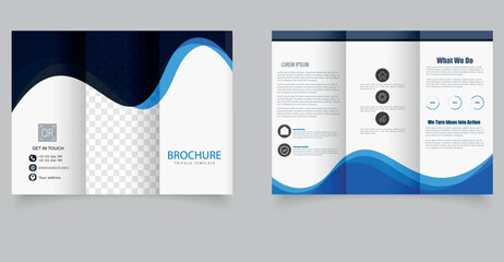 Clean and modern trifold brochure template featuring a blue wave design, placeholders for images, and minimal layout. Ideal for business, marketing, and corporate branding purposes