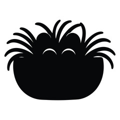 A black cartoon pet bowl silhouette with curved wisps of hair