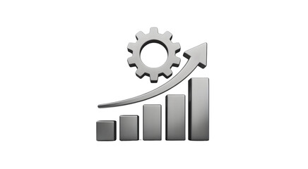 3D Render of a Silver Gear Icon with an Upward Trending Graph Representing Growth and Progress