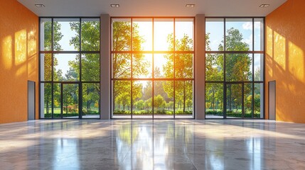 Fototapeta premium Sunny interior space, large windows, park view