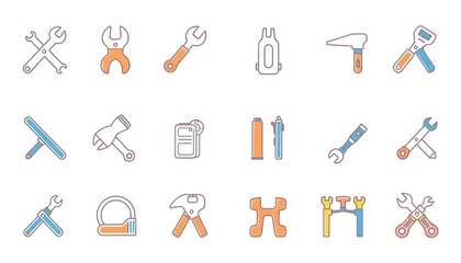 Obraz premium Clean vector icons depicting various tools and service symbols, ideal for maintenance, repair, and installation contexts, symbol, flat