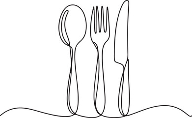  one line vector illustration of spoon, fork, and knife as elegant kitchen cutlery on white background