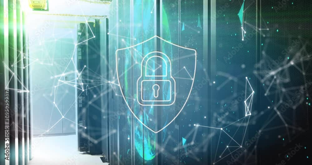 Poster light spilling through door sparking mesh pulsing behind padlock shield showing data security
