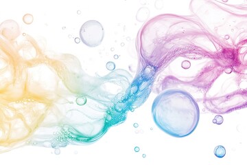 Colorful Liquid Combination of Yellow Pink Blue White Hues Merging Together in the Air with Bubbles