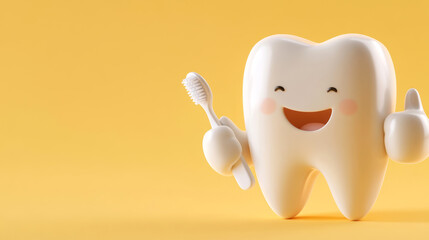 Happy smiling cartoon tooth holding toothbrush against yellow background for dental health concept