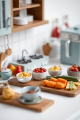 Miniature Kitchen Scene: Playful Pastel Cooking Bowls and Fresh Vegetables