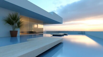 Obraz premium Modern Architecture, Rooftop Terrace, Luxury Home at Sunset
