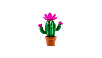 Neon Cactus with Blooming Flowers on White Background