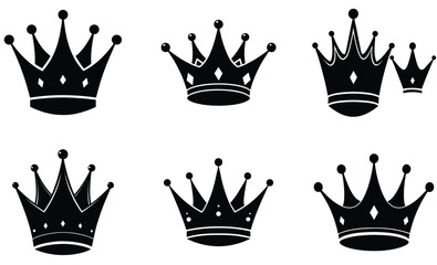 A regal vector illustration set of golden crowns for royalty, featuring king, queen, prince, and princess designs, perfect as luxury decoration symbols or heraldic icons