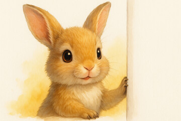 Obraz premium A watercolor illustration of a sweet baby bunny peeking with a curious expression.