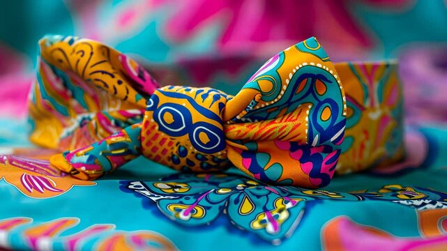 Colorful Yellow and Blue Patterned Headband on Bright Fabric Surface