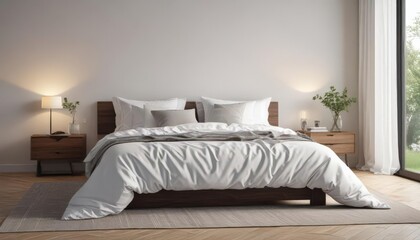 King-size bed, crisp white linens, minimalist Scandinavian bedroom , interior design, image, natural light