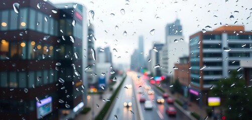 Cityscape wallpaper blurred by rain on window, gloomy day, drizzle, misty