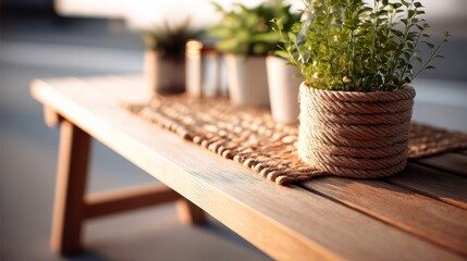 Fototapeta premium Plant on Table, Sustainable Living, Home Decor. Indoor plant arrangement on rustic wooden table. Eco-friendly decoration for a sustainable lifestyle and tranquil home environment.