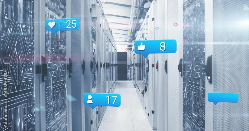 Poster Starting empty server corridor, thumbs-up bubble floating then icon bubbles drifting showing data
