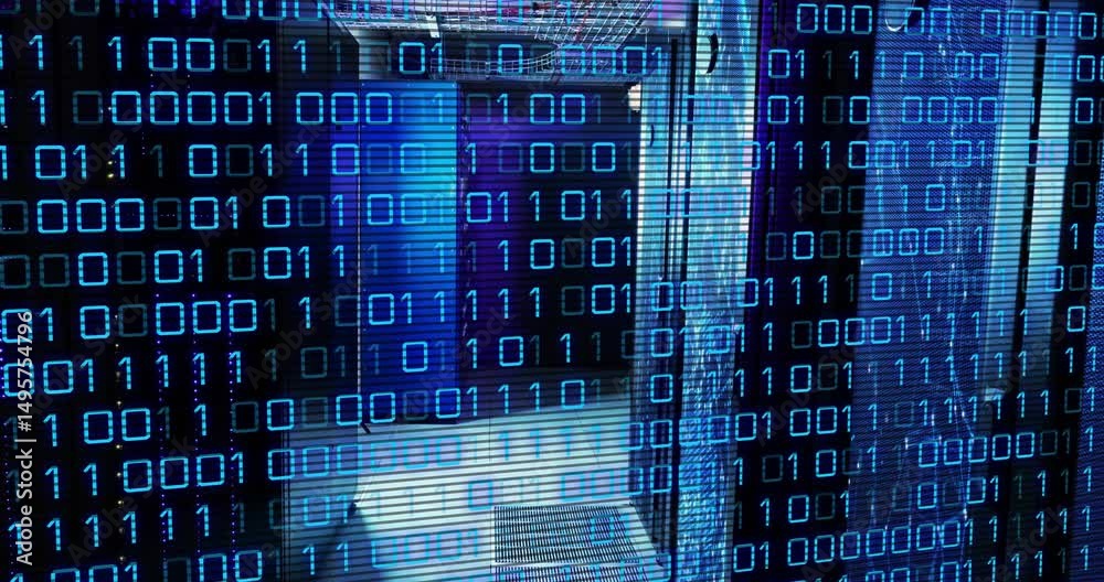 Poster on start, binary grid shimmering and scrolling downward over server rack, representing data flow
