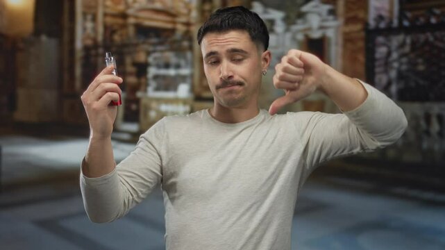 Man indoors examining vape pen in a church setting with thoughtful expression showing thumbs down under atmospheric lighting.