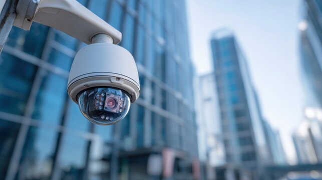 A stunning image of close-Up of Smart Surveillance Camera on Corporate Building with AI Facial Recognition and Motion Tracking, Futuristic Urban Security, Modern Business Security. - Powered by Adobe