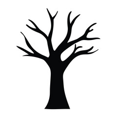 Silhouette of a bare deciduous tree against a stark white background