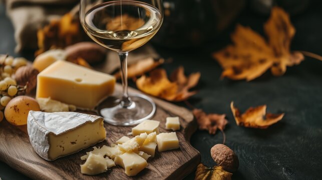 Autumn cheese and wine pairing with seasonal leaves in rustic setting