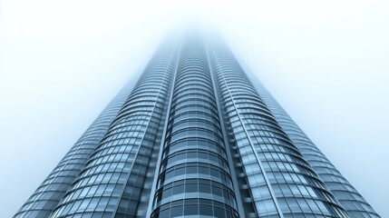 Tall glass tower disappears into fog