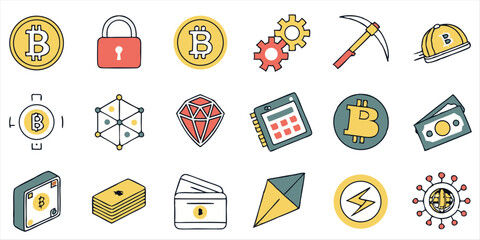 Digital fintech and cryptocurrency icons, virtual payment vector symbols
