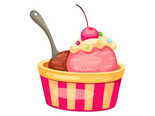 ice cream in a cone with a cherry on top.