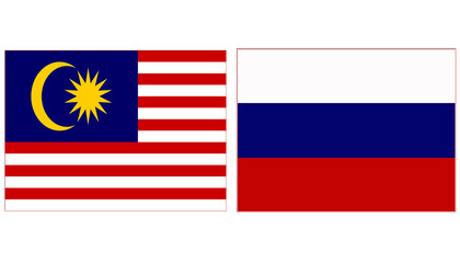 Malaysia Official flag with Russia national flag, both countries flags are in Horizontal shape and isolated on white background, Rectangular colorful design Flag with together.