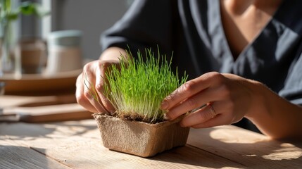Woman Growing Microgreens at Home. Sustainable Lifestyle, Healthy Eating, Gardening.
