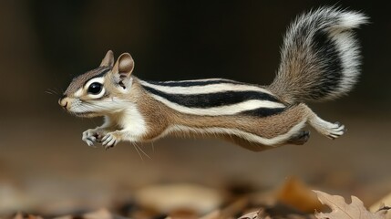 Obraz premium Chipmunk leaps through autumn leaves