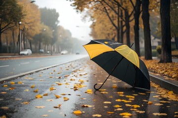 Black and Yellow Umbrella on Rainy Day PNG


