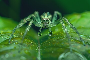 Extreme Macro Photography of a Small Droplet of Water Reflecting Greenery on a Spider Leaf Varient 4